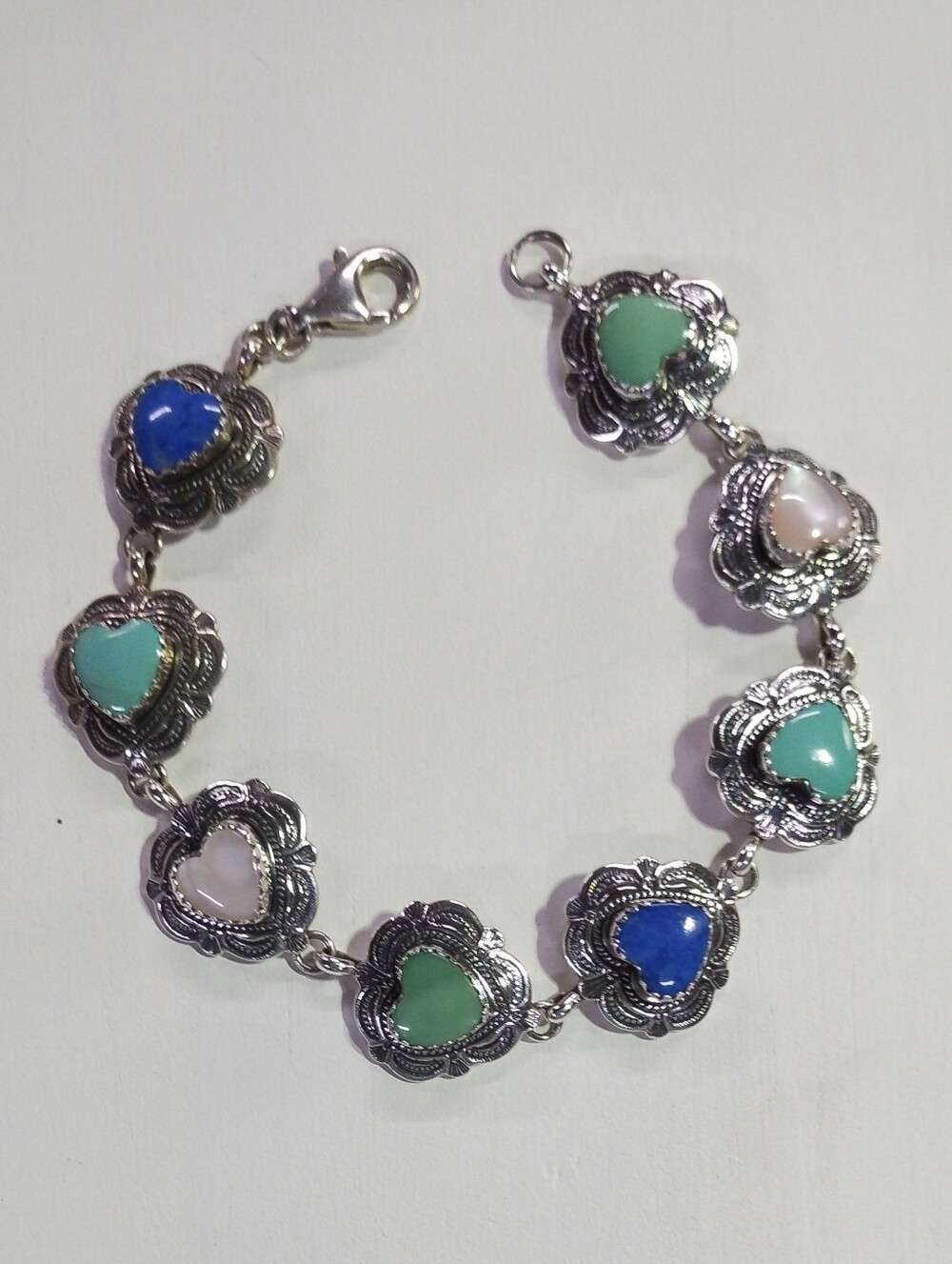 Vintage Carolyn Pollack QT Sterling Silver Multi Stone Etched Heart Bracelet 8"